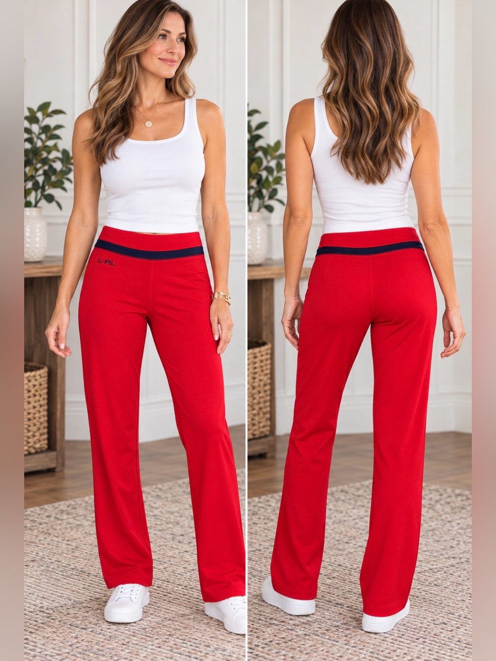 Lauren Ralph Lauren Active L Red Navy Stretch Pants Y2K Sporty